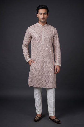 Dusty Rose Shimmer Embellished Kurta For Men