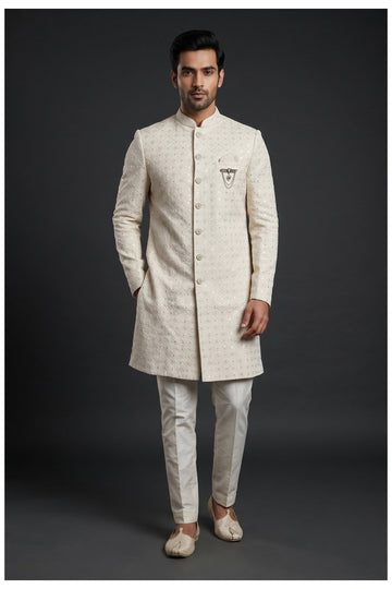 Off White Embroidered Men'S Indo-Western Sherwani Set
