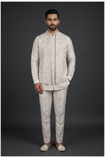 Men'S Embroidered Kurta Set With Koti