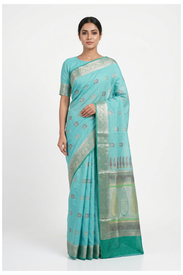 Aqua Cotton Saree With Weaving