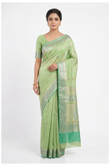 Green Cotton Saree With Weaving