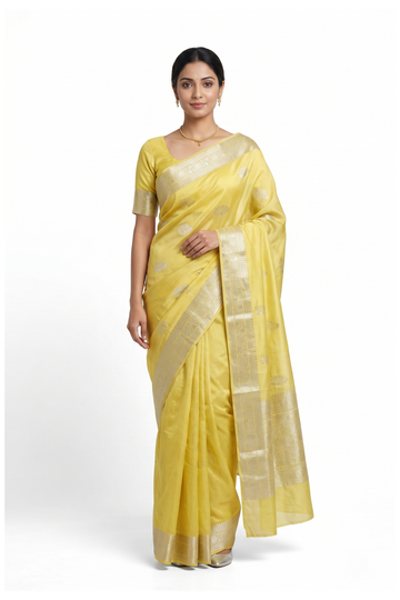Lemon Yellow Cotton Saree With Weaving