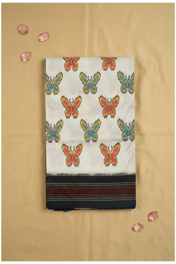 Ivory Butterfly Motif Pure Silk Ikkat Designer Saree