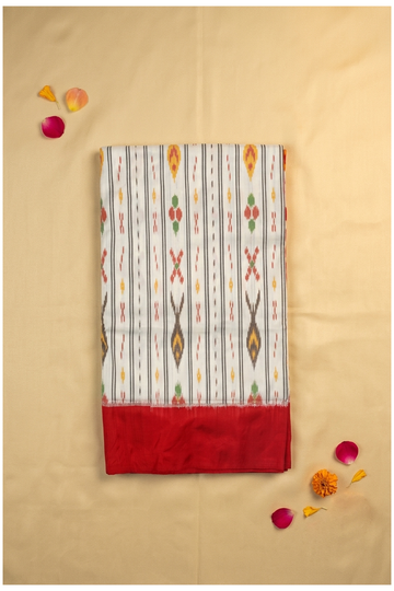 Ivory White Ikkat Pure Silk Designer Saree With Red Border