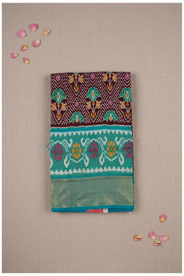 Elegant Maroon & Aqua Patola Inspired Art Silk Saree With Traditional Floral Border