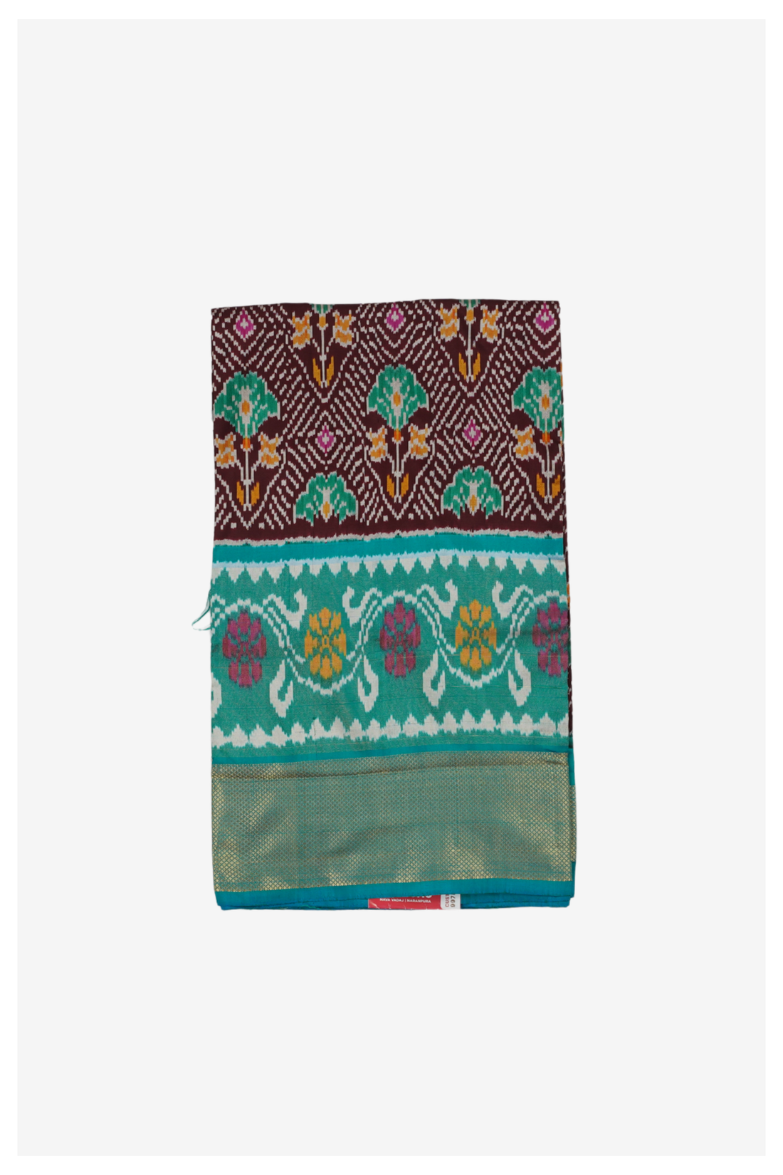 Elegant Maroon & Aqua Patola Inspired Art Silk Saree With Traditional Floral Border