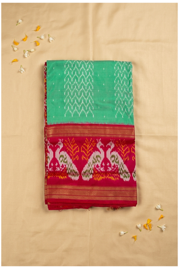 Traditional Mint Green Patola Inspired Pure Silk Saree With Peacock Border