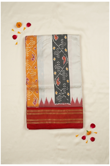 Elegant Off White Patola Inspired Pure Silk Saree With Multicolor Ikat Border