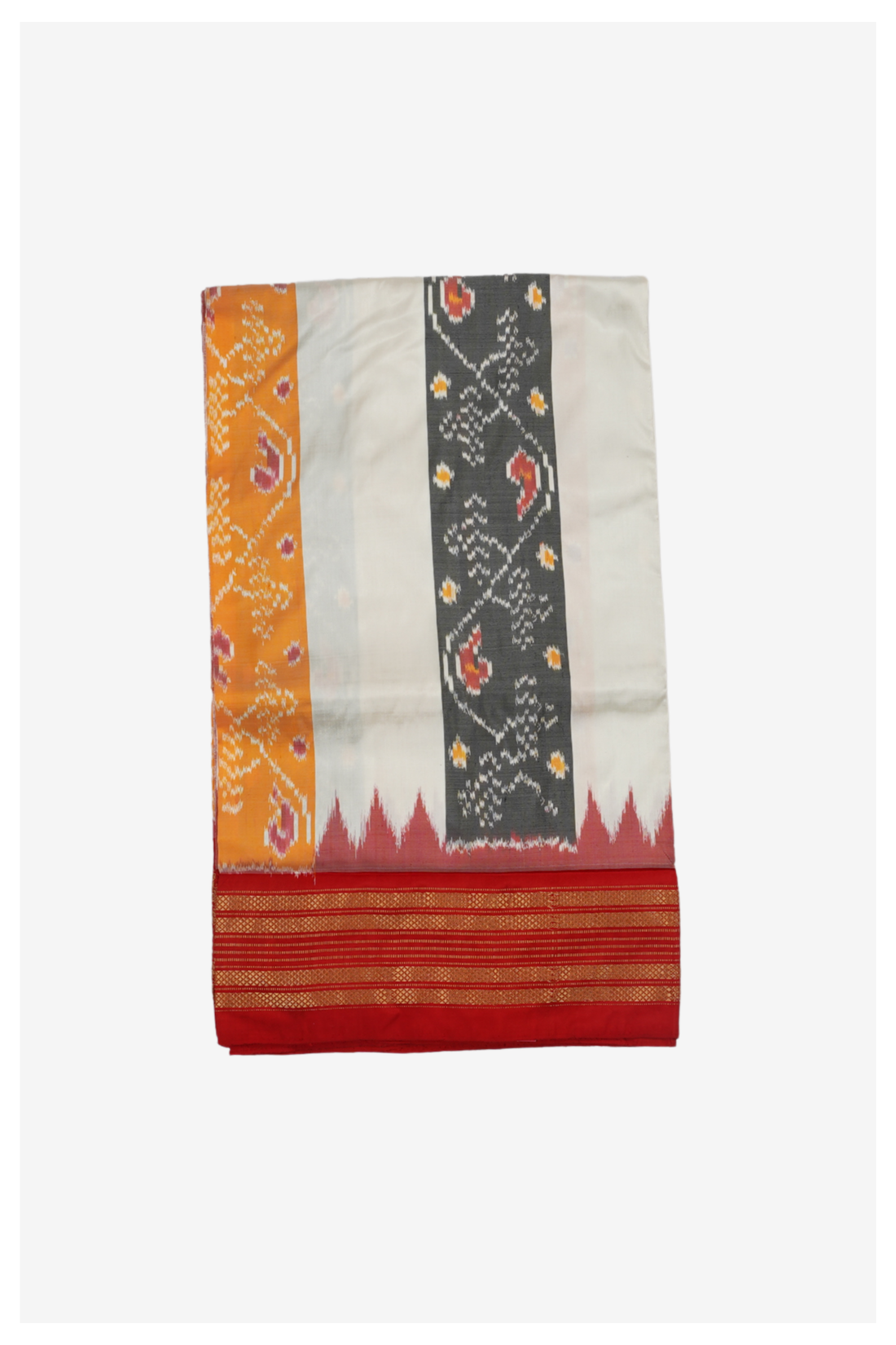 Elegant Off White Patola Inspired Pure Silk Saree With Multicolor Ikat Border