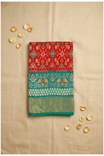 Traditional Red Patola Inspired Pure Silk Saree With Aqua Peacock Border