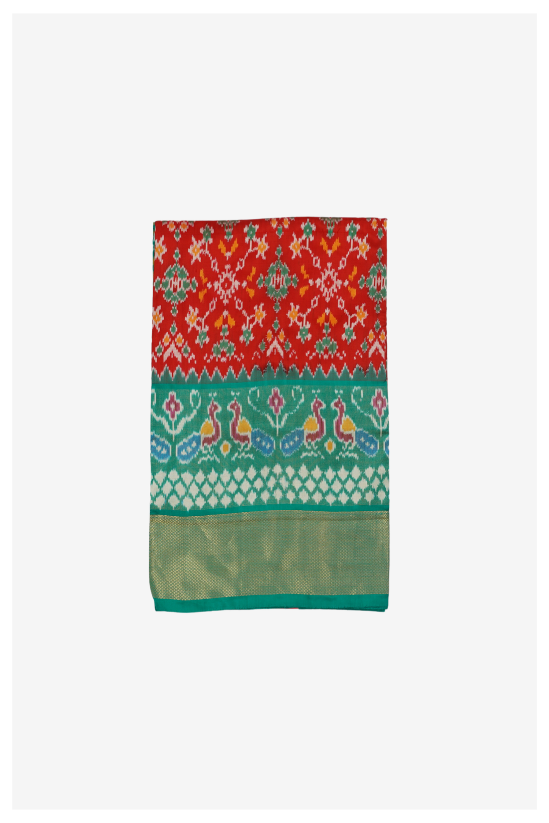 Traditional Red Patola Inspired Pure Silk Saree With Aqua Peacock Border