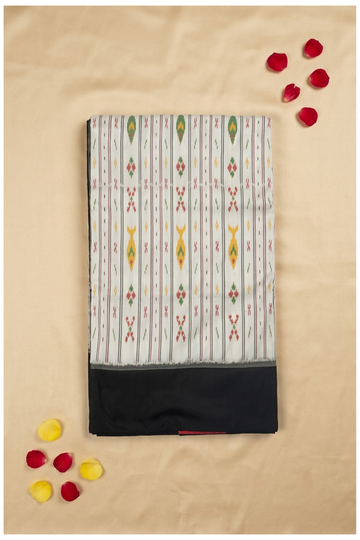 Elegant Off White Pure Silk Saree With Traditional Ikat Motifs & Black Border
