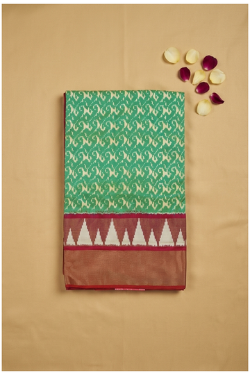 Elegant Sea Green Pure Silk Saree With Traditional Ikat Weaving & Temple Zari Border