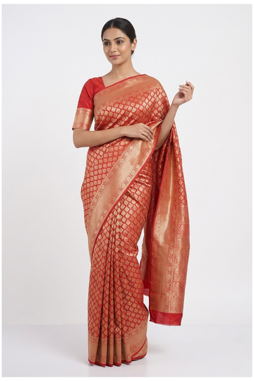 Vermilion Red South Silk Saree With Jaal Weaving