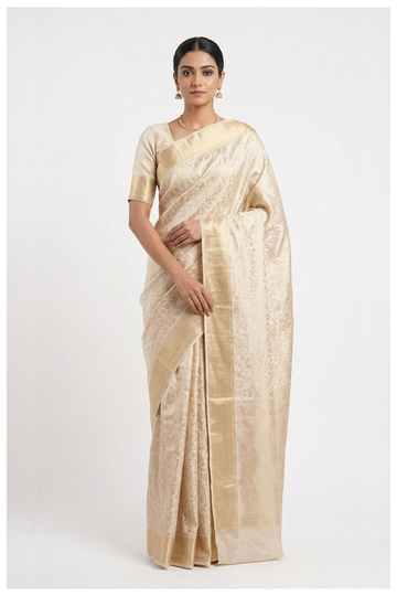 Ivory Pure South Silk Saree With Jaal Weaving