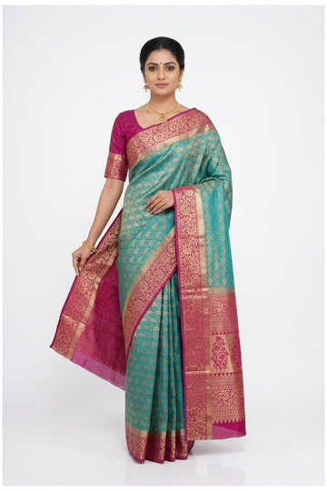 Teal Pure Silk South Wedding Party Wear Saree