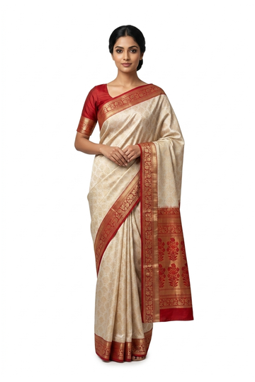 Ivory Pure Silk South Silk Saree For Weddings & Parties