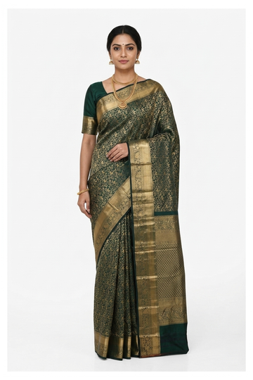 Bottle Green Pure Silk South Silk Saree For Weddings & Parties