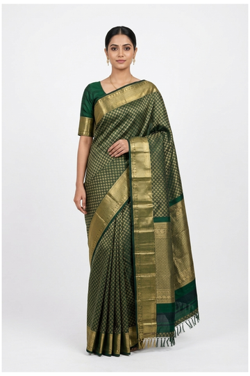 Bottle Green Pure Silk South Saree For Weddings & Parties