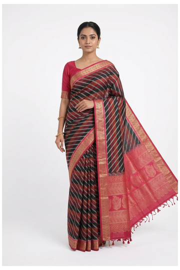 Black And Rani Pink Pure Soft  Silk Saree With Traditional Stripe Weaving