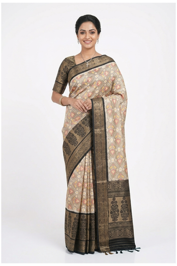 Beige And Black Patola Soft  Silk Saree With Traditional Ikat Motifs