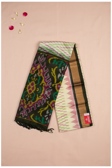 Elegant Cream Ikat Pure Silk Saree With Multicolor Designer Pallu
