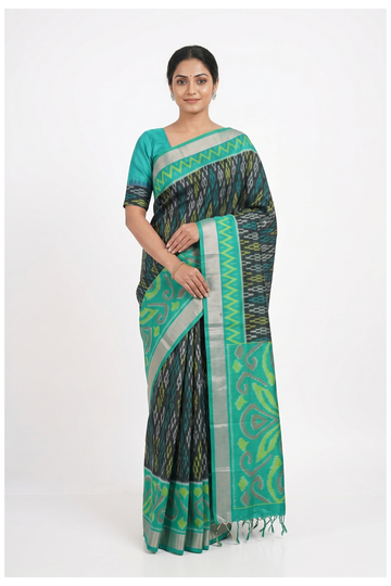 Teal Green Ikkat Soft Silk Saree With Traditional Geometric Weaving