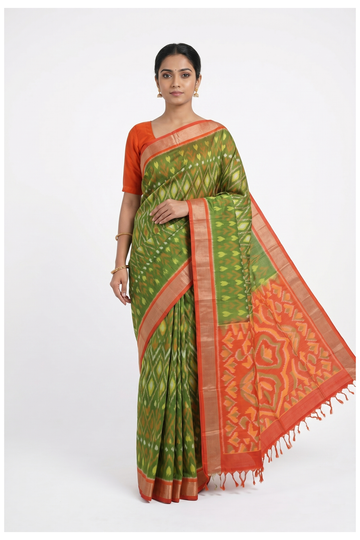 Parrot Green Ikkat Soft Silk Saree With Traditional Handwoven Patterns