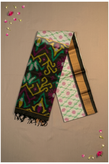 Elegant Cream Pure Silk Ikat Saree With Designer Multicolor Pallu