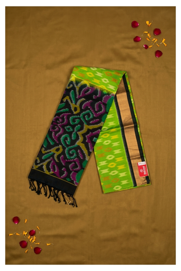 Premium Lime Green Pure Silk Ikat Saree With Designer Multicolor Pallu