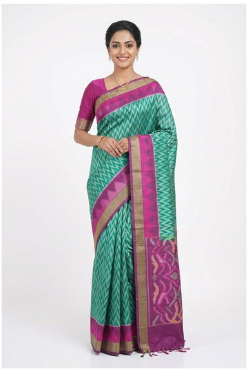 Sea Green Ikkat Soft Silk Saree With Magenta Contrast Border