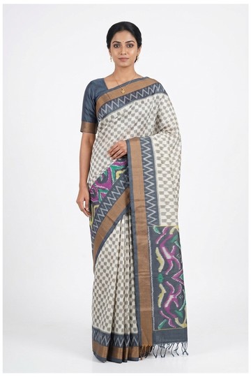 Ivory Grey Ikkat Soft  Silk Saree With Contemporary Geometric Weaving