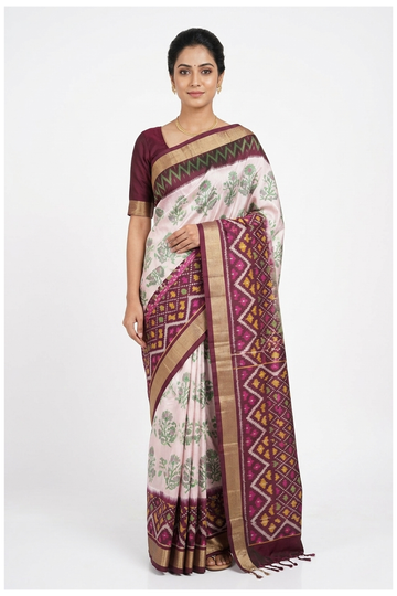 Ivory With Wine Purple Patola Pure Silk Saree With Floral And Geometric Ikat Weaving