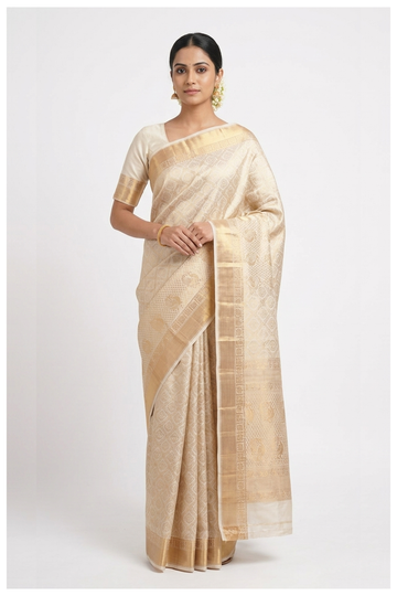 Almond South Silk Saree With Jaal Weaving