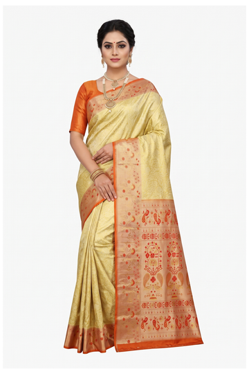 Pale Gold Pure Silk South Silk Wedding Party Wear Saree