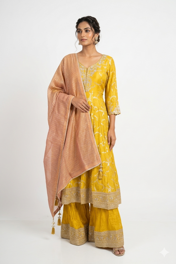 Yellow Sharara Suit Set With Embroidered Kurta & Contrast Dupatta
