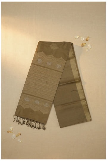 Elegant Antique Gold Pure Silk Saree With Zari Butta & Grand Heritage Border