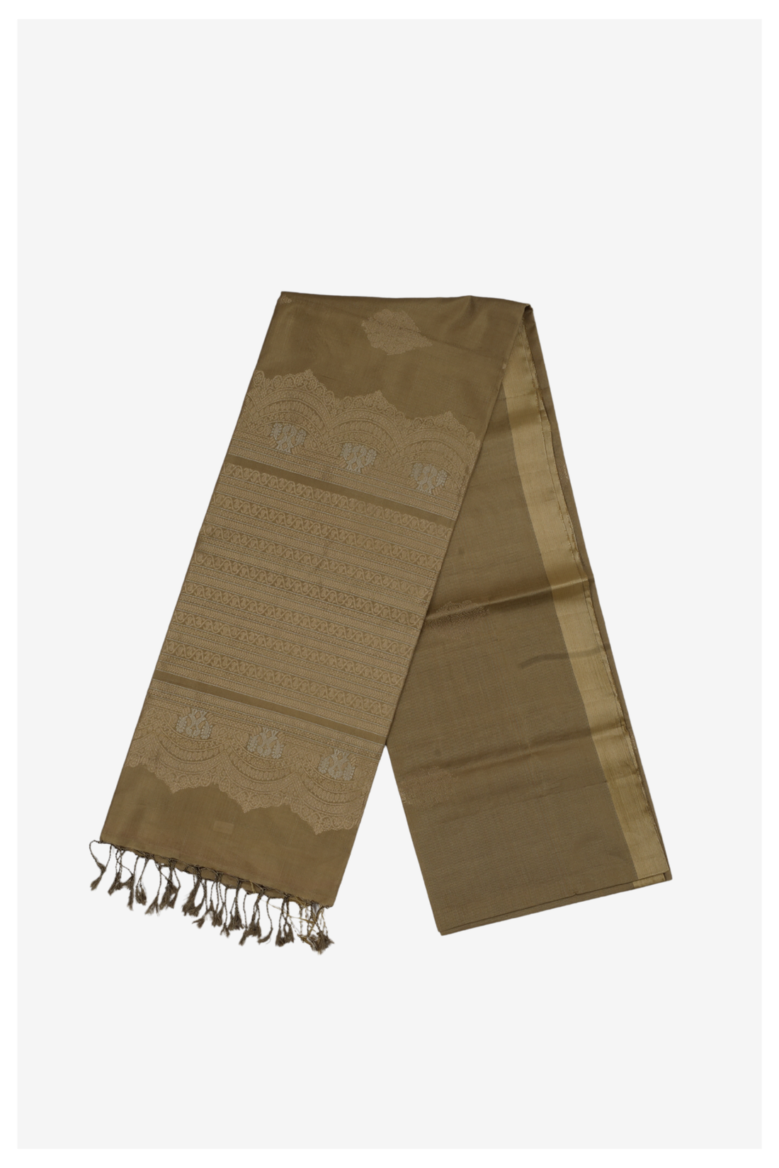 Elegant Antique Gold Pure Silk Saree With Zari Butta & Grand Heritage Border