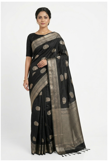 Black Pure Banarasi Soft  Silk Saree With Zari Butta Weaving