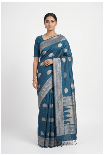 Teal Blue Pure Banarasi Silk Soft Saree With Silver Zari Butta Weaving