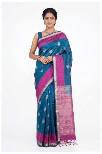 Dual Tone Teal Blue & Magenta Pure Banarasi Silk Saree With Silver Zari Butta Weaving