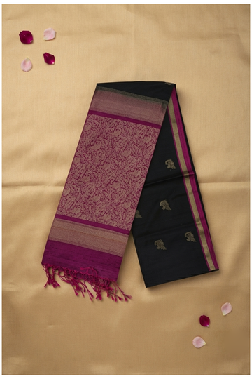 Elegant Black Pure Silk Saree With Antique Zari Butta & Magenta Floral Pallu