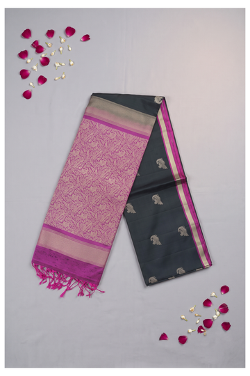 Charcoal Black Banarasi Pure Silk Wedding Party Wear Saree