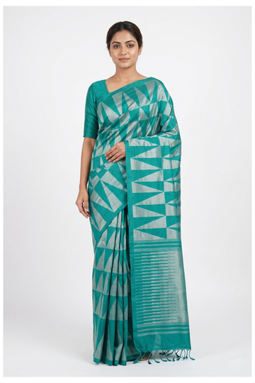 Turquoise Pure  Soft Silk Saree With Geometric Silver Zari Weaving