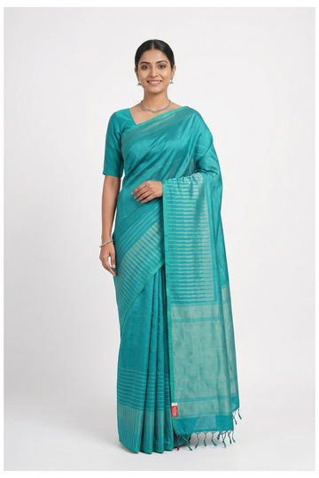 Turquoise Pure Soft Silk Saree With Contemporary Striped Pallu