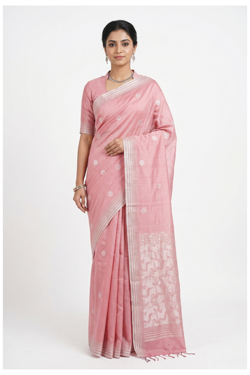 Blush Pink Pure Soft Silk Saree With Silver Butta Weaving And Artistic Pallu