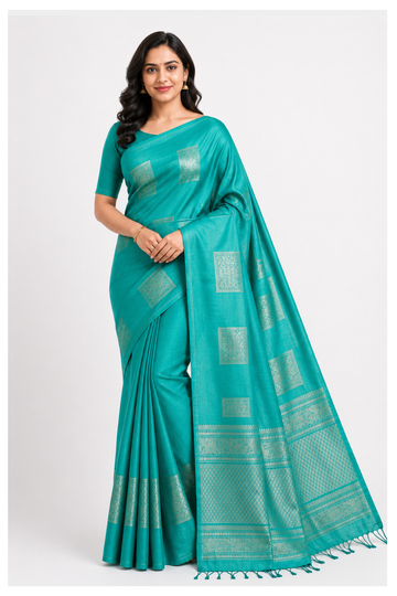 Turquoise South Silk Saree With Silver Butta Weaving And Heritage Border