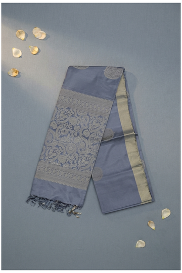 Elegant Steel Blue Pure Silk Saree With Paisley Butta & Grand Zari Border