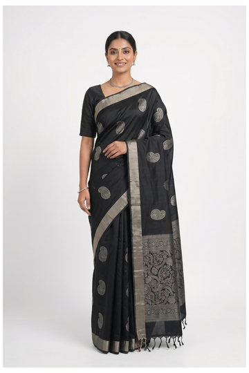 Classic Black South Silk Saree With Silver Paisley Weaving And Heritage Pallu