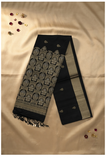 Royal Black Pure Silk Saree With Antique Zari Butta & Heritage Border